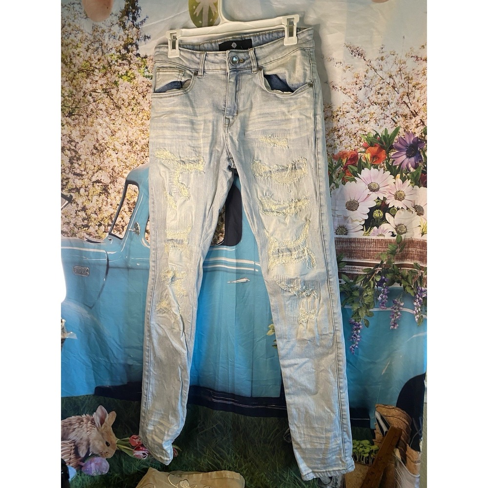 Focus Jeans Mens 29Wx32L Blue Denim Distressed  Frayed Holey Rise